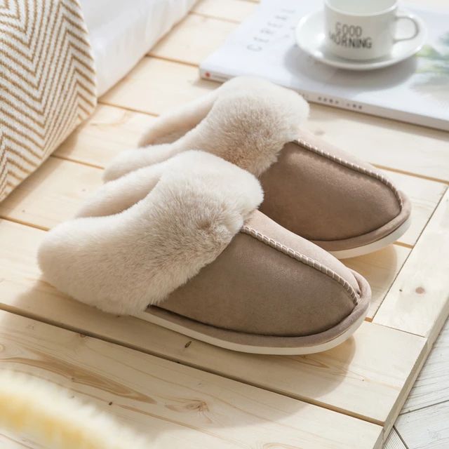 Elegant Celine women's faux suede slippers, plush, warm indoor shoes for winter comfort.