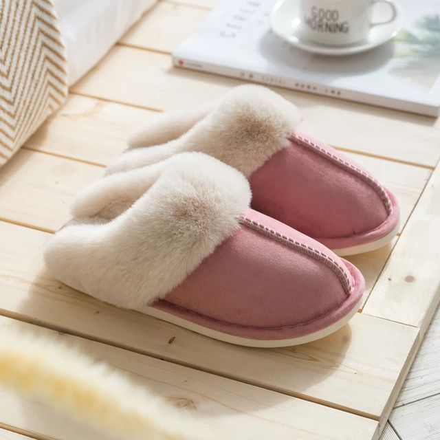Warm Celine women's faux suede slippers, cozy plush lining, perfect winter comfort house shoes.