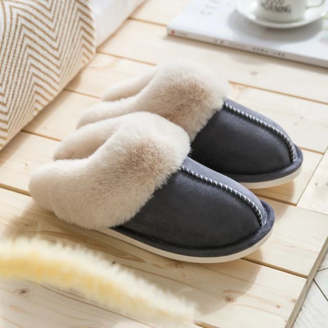 Women's Celine faux suede slippers, cozy plush lining, non-slip, ideal for winter comfort.