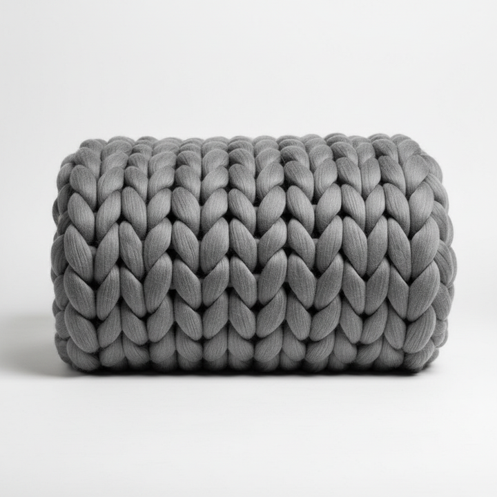 Wooluxe super thick yarn, perfect for quick knitting and crochet projects, shown on a rustic table.
