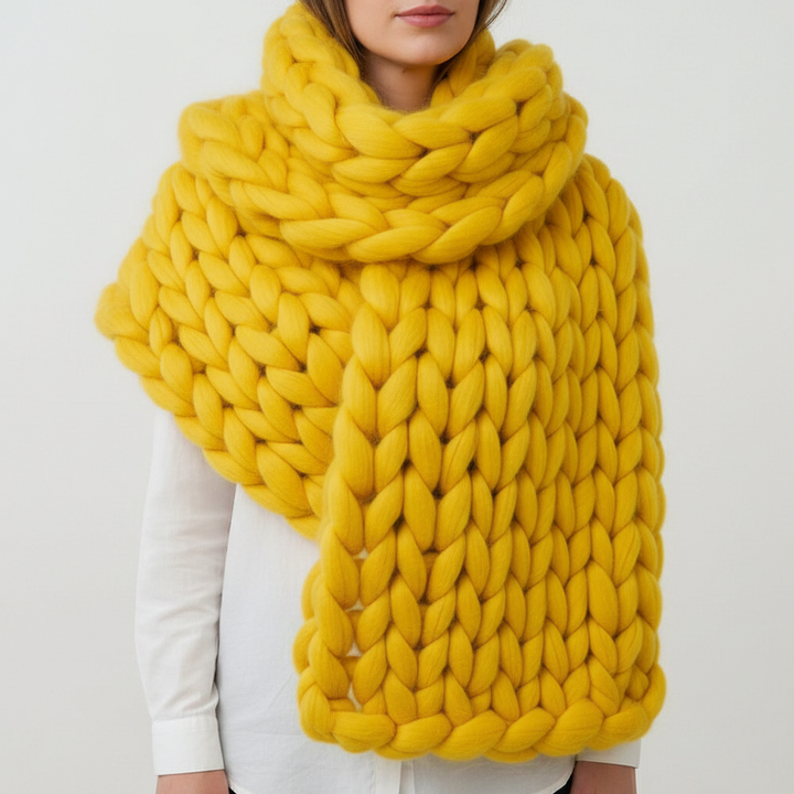 DIY chunky knit sweater made from luxurious wool yarn, showcasing its comfortable and stylish appeal.