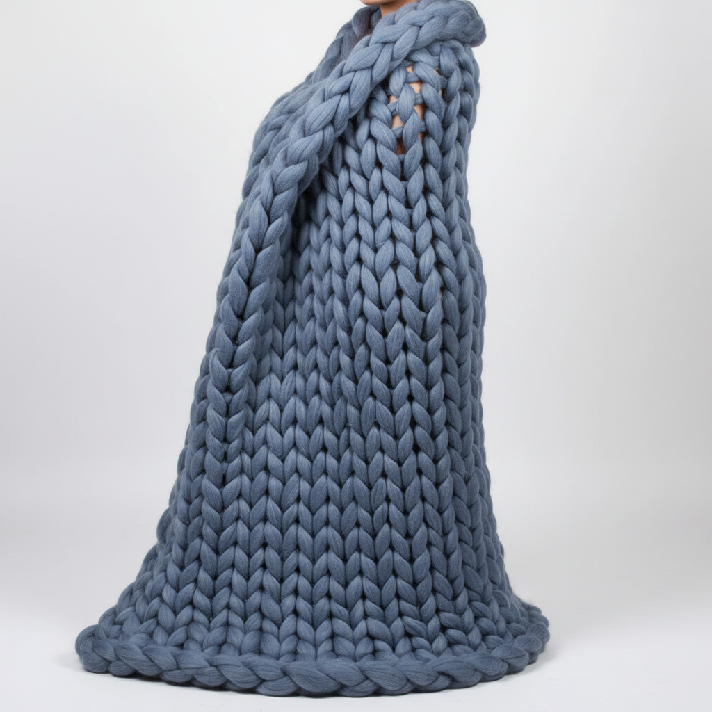 Knitting needles working with luxurious chunky yarn, creating a detailed, textured fabric.