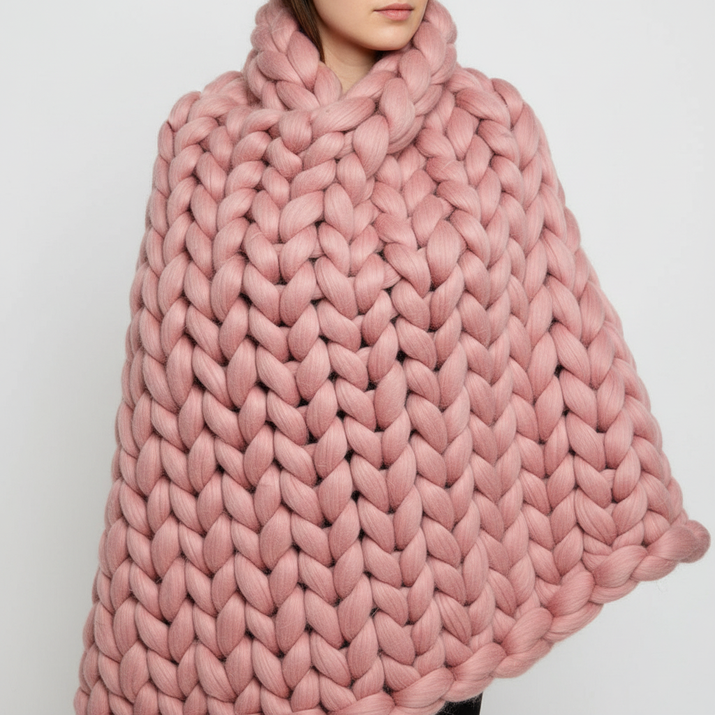 Finished knitted product, a cozy blanket, made from super thick Wooluxe yarn.