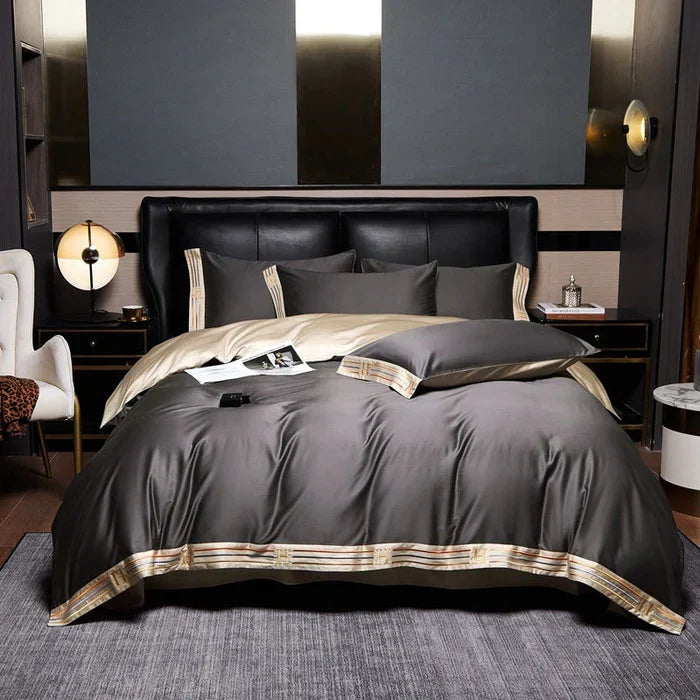 Elegant 4-piece embroidered satin cotton bedding set, perfect for home decor.