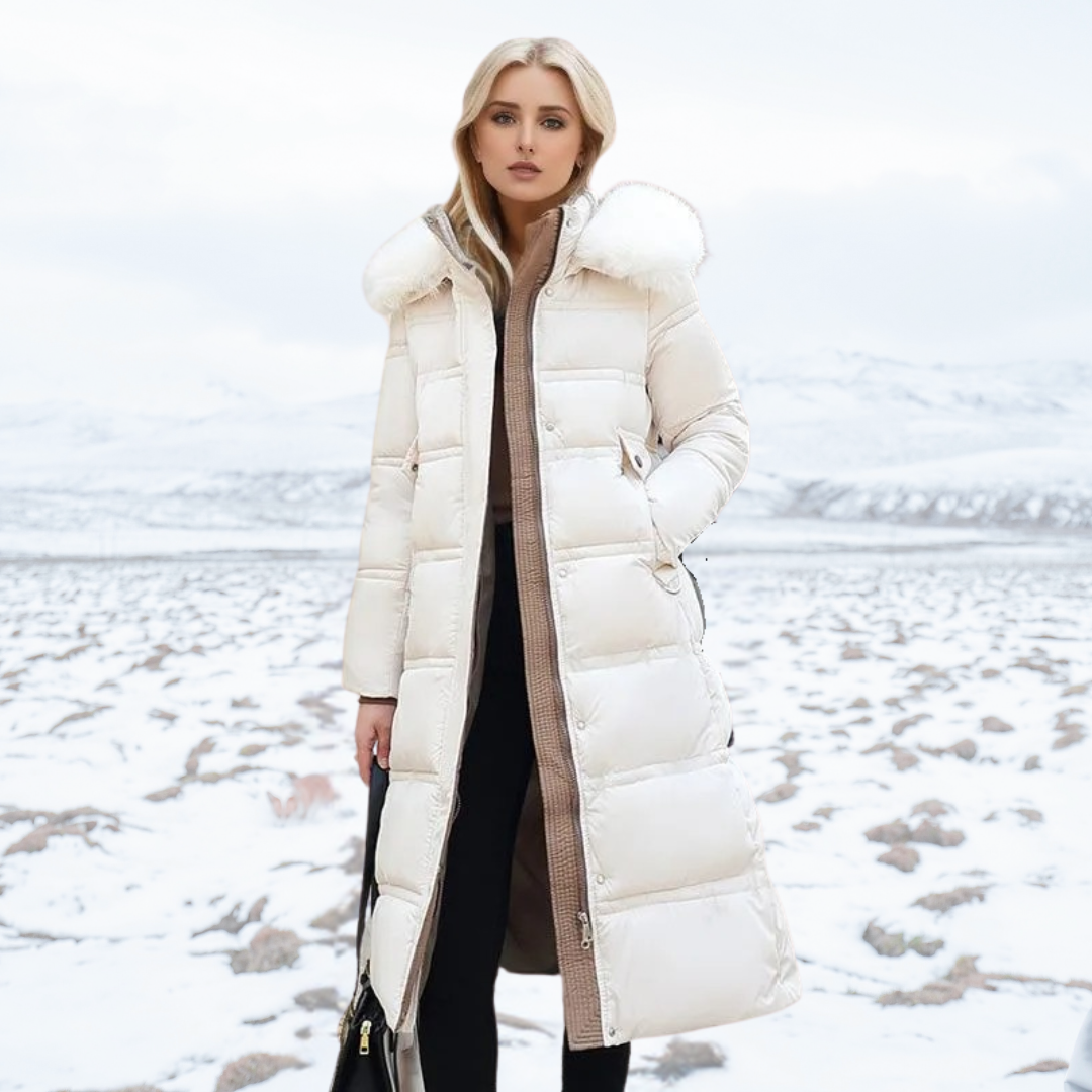 Faux fur women's long winter jacket, stylish and super warm against the cold.