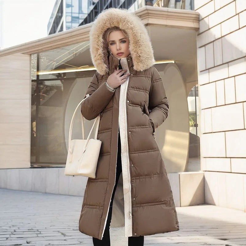 Women's elegant long faux fur winter jacket, perfect for sophisticated warmth.
