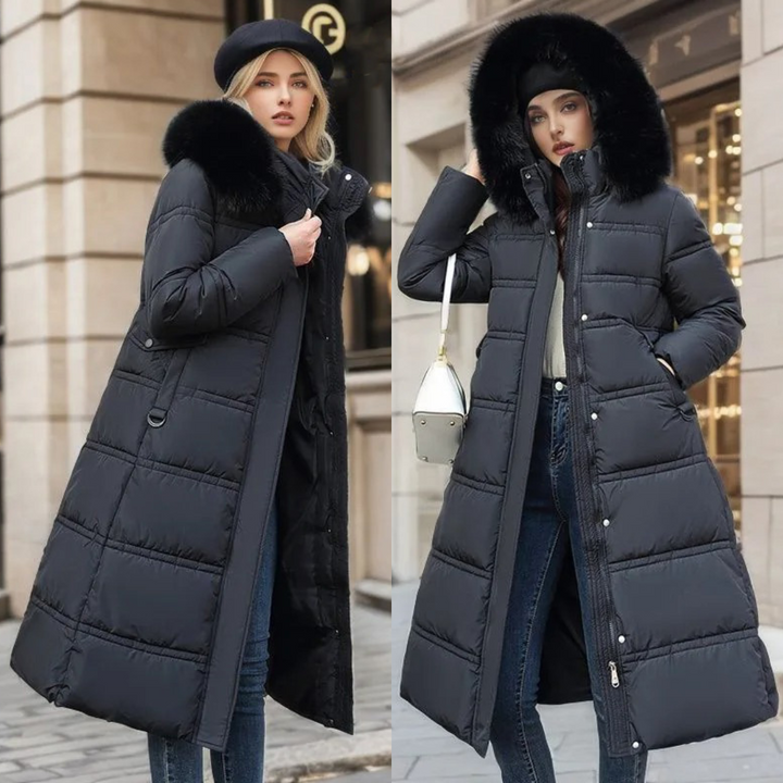 Faux fur winter coat for women, elegant luxury & cozy warmth for chilly days.