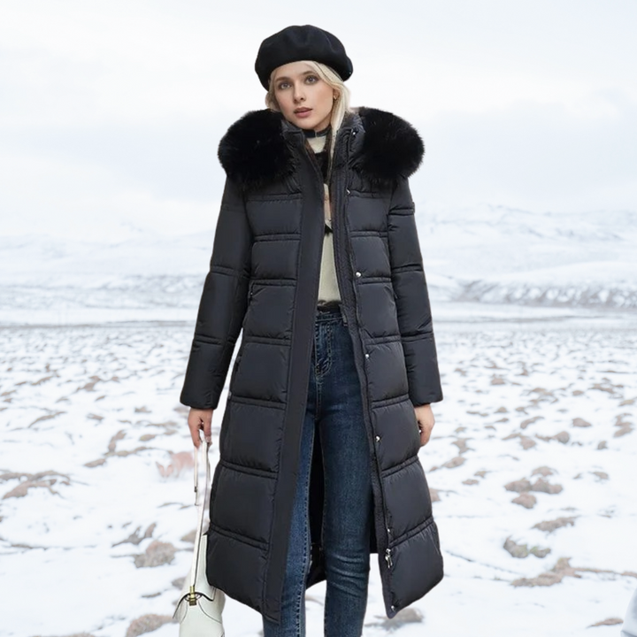 Elegant women's cold weather faux fur coat, providing warmth & chic style.