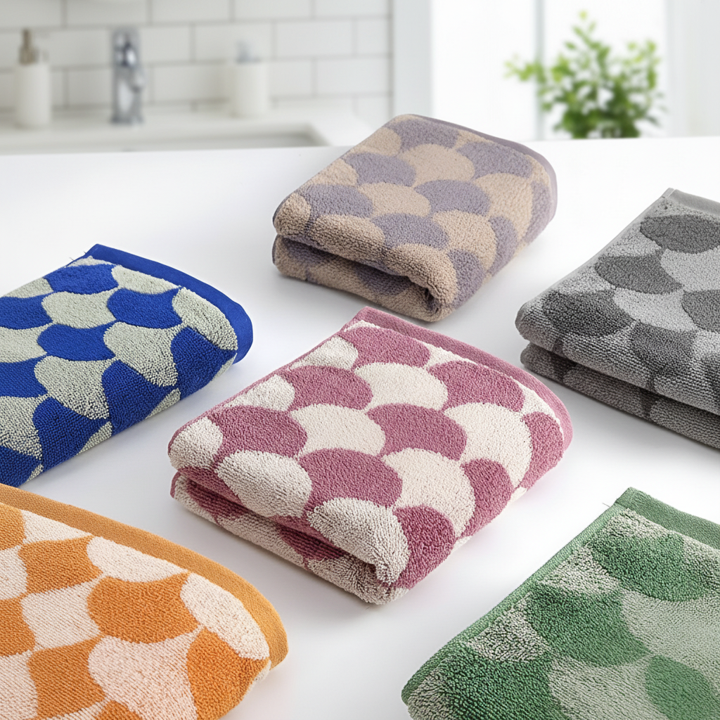 Luxurious jacquard cotton bath towel with an elegant fan design, soft and absorbent.