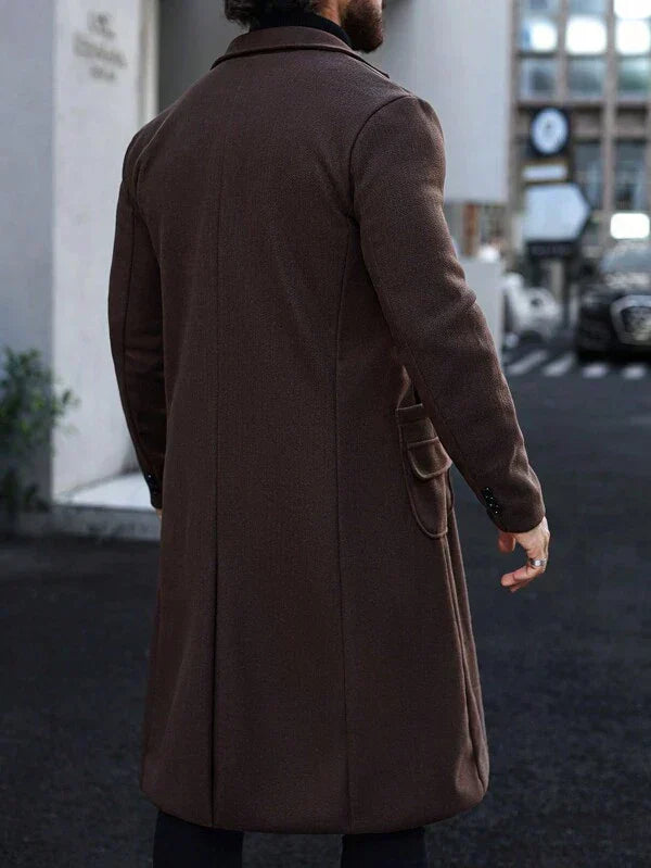 Stylish men's Alden brown long trench coat, a timeless piece of luxury outerwear for modern men's fashion.