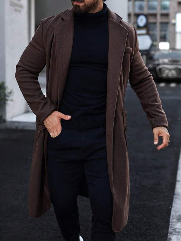 Classic Alden men's brown long coat, a timeless luxury trench coat for elegant winter fashion and style.