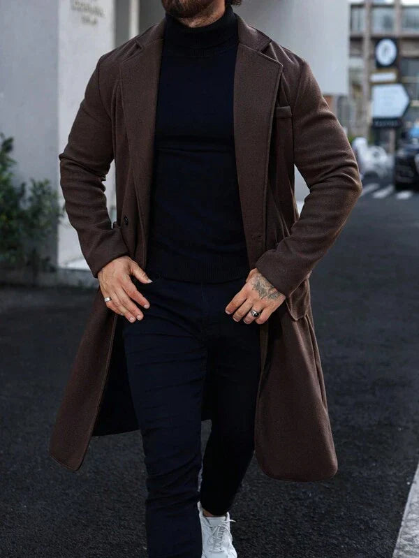 Sophisticated Alden men's brown long coat, a fashionable and warm winter coat for modern men's luxury outerwear.