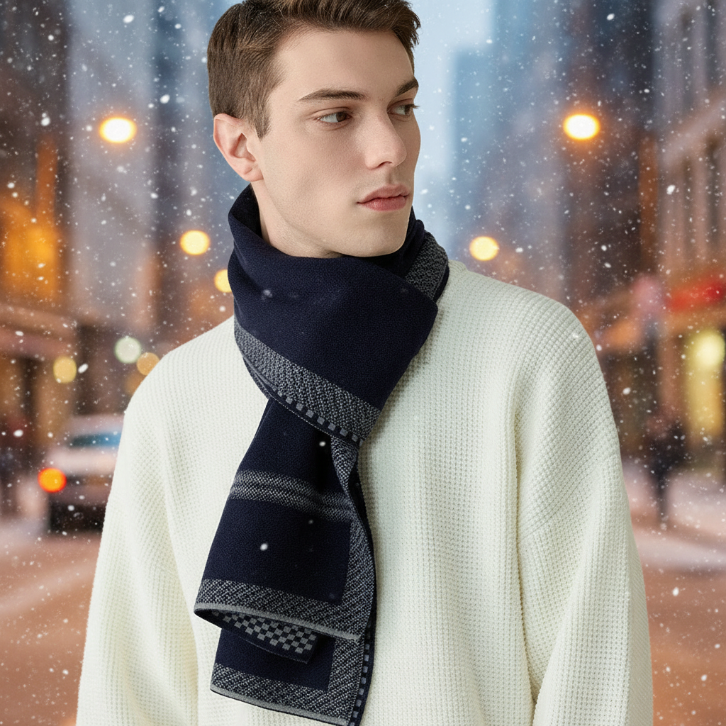 Luxurious men's cashmere blend winter scarf, dark gray, draped elegantly, close-up, soft texture