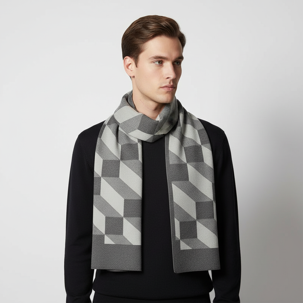 Soft and warm men's cashmere blend scarf, rich tan, draped over a coat, perfect for cold weather comfort