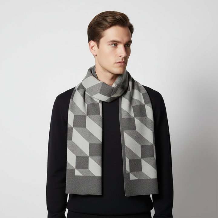 Soft and warm men's cashmere blend scarf, rich tan, draped over a coat, perfect for cold weather comfort