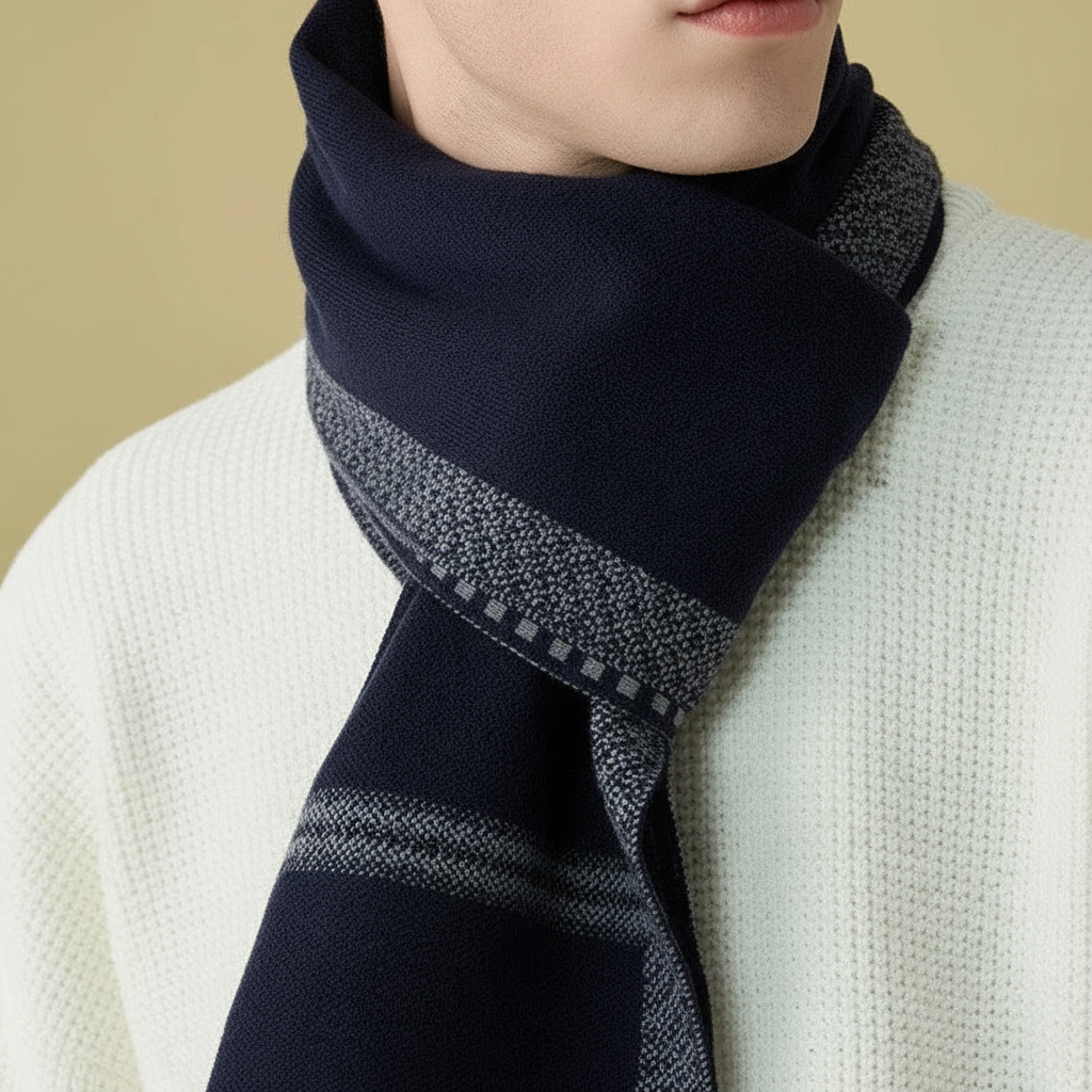 Elegant men's winter scarf, fine cashmere blend, navy blue, folded neatly, gentle fabric texture