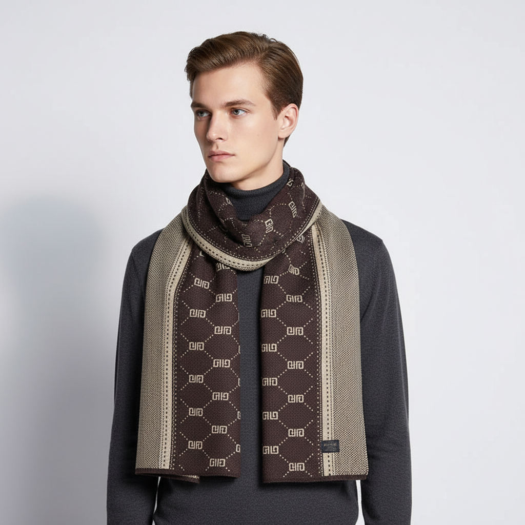 Stylish men's cashmere blend scarf, light brown, artfully draped over a wooden chair, essential winter accessory