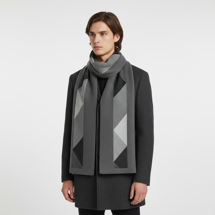 Luxurious men's winter scarf, fine cashmere blend, classic navy, folded in packaging for gift presentation