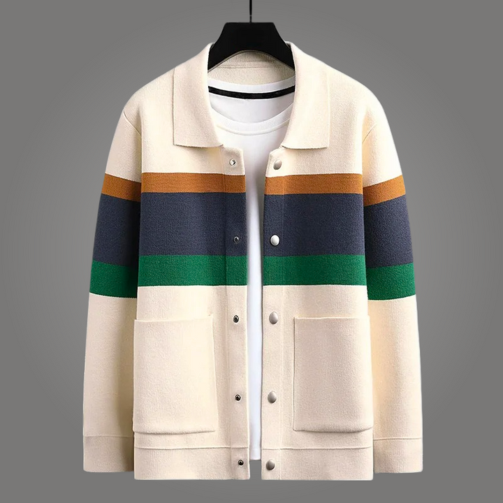 Luxurious men's heritage cardigan in a soft beige, offering elegant comfort and timeless style, perfect for layering.