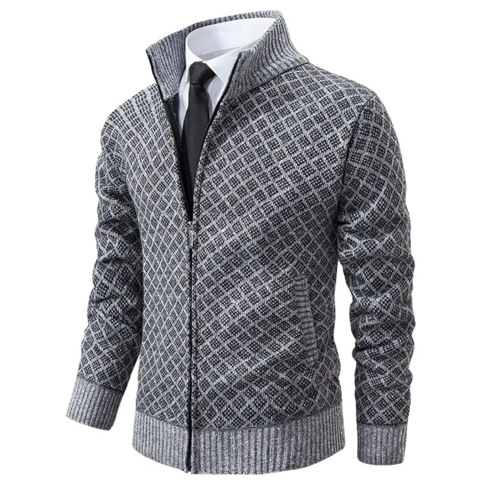 Luxurious men's knitted sweater in a stylish basket weave, perfect for winter comfort and cold weather fashion.