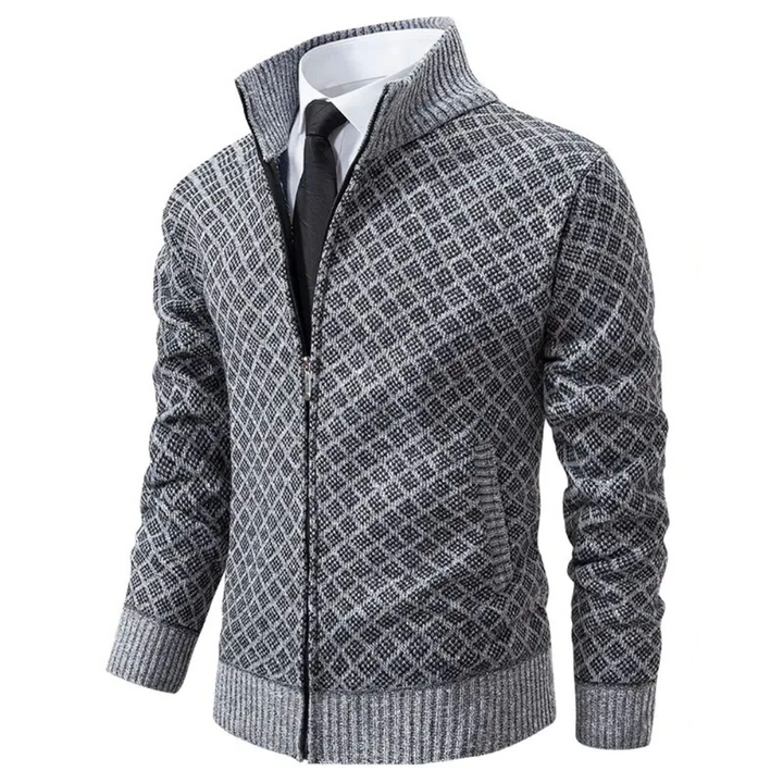 Luxurious men's knitted sweater in a stylish basket weave, perfect for winter comfort and cold weather fashion.