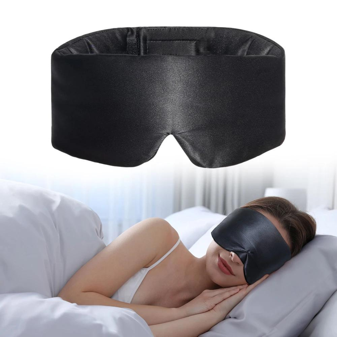 Unisex luxury silk sleep mask designed for deep, restorative sleep. Soft, comfortable, & light-blocking.