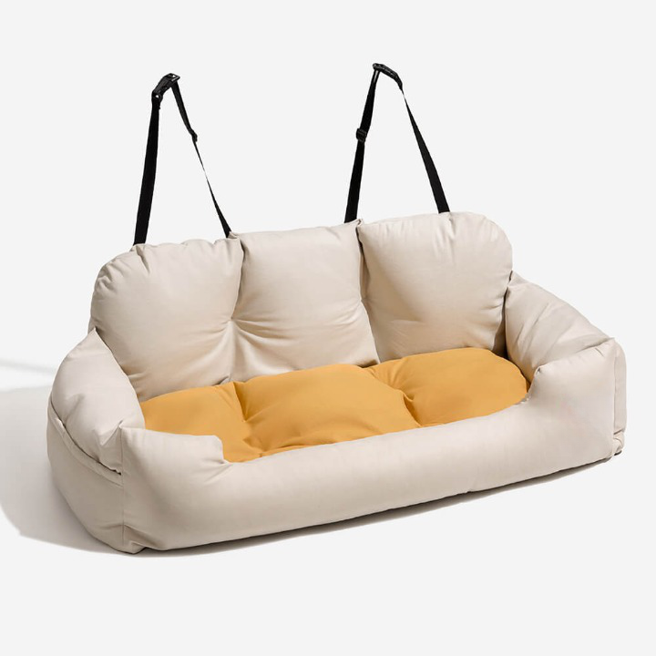 Safe & comfortable dog car seat bed for medium to large dogs. PawsRest luxury pet travel accessory.