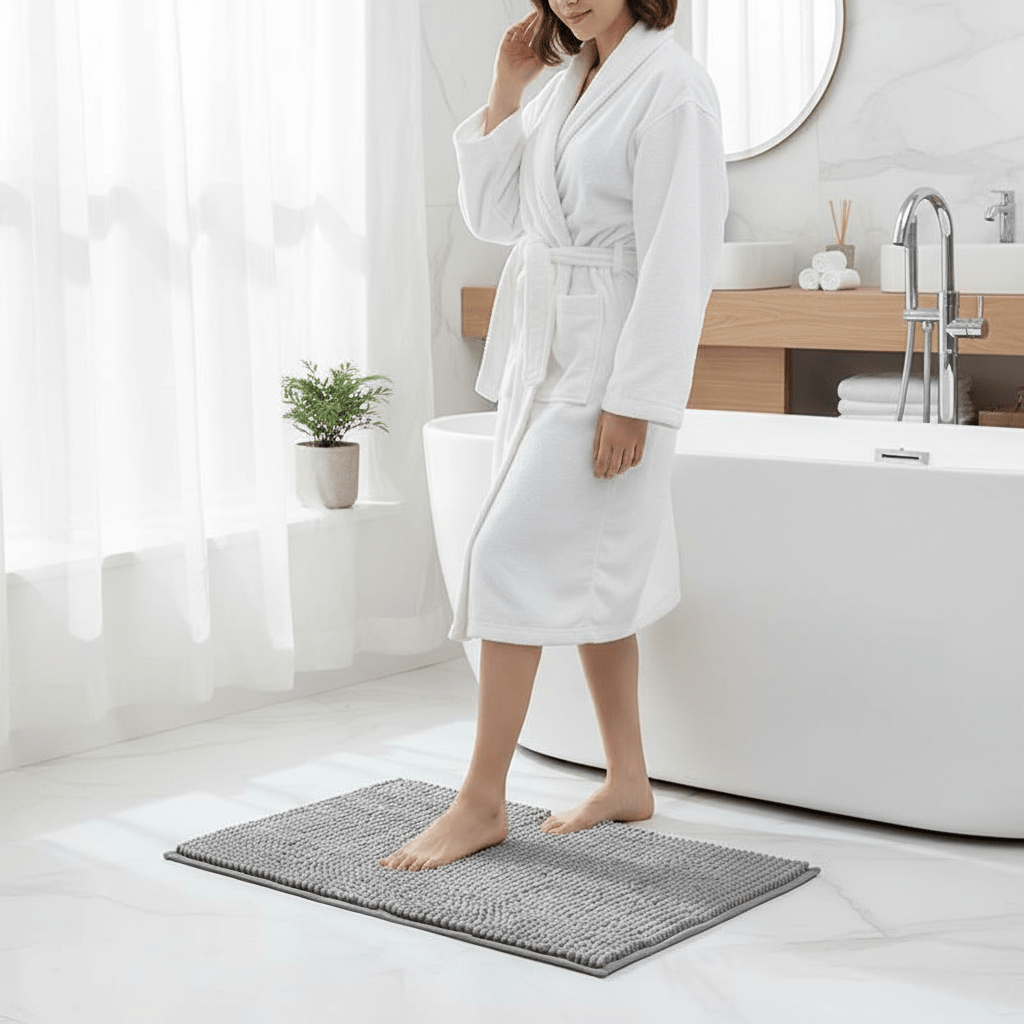 Non-slip chenille bath mat, highly absorbent and quick-drying for bathroom safety and comfort.