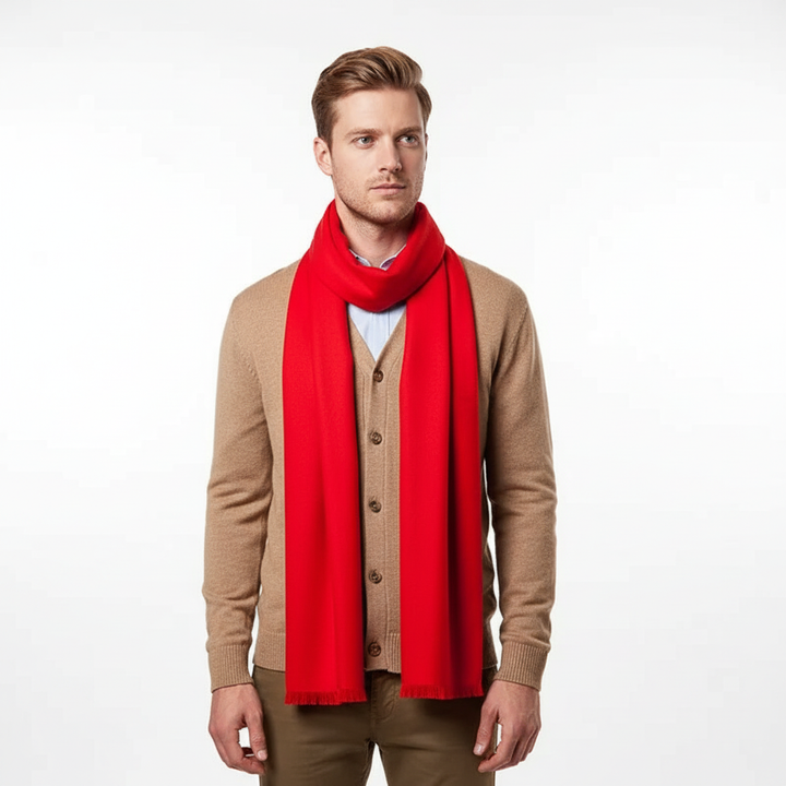 Unisex CashmereChic scarf in a vibrant red, a stylish and warm wool blend fashion accessory
