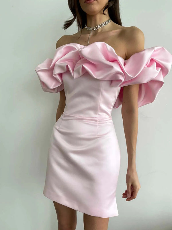 Chic women's satin dress with elegant ruffles, perfect for parties, formals & wedding guests.