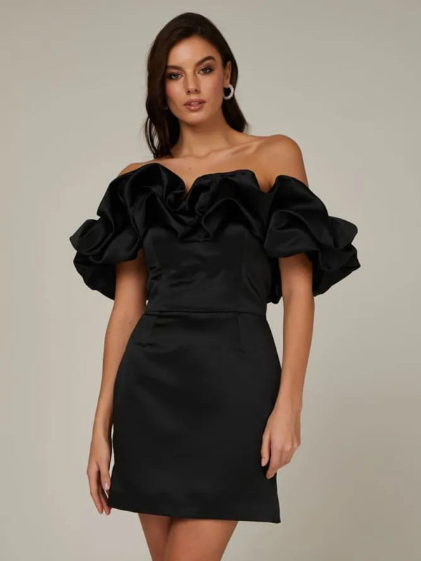 Elegant women's satin ruffle dress. A chic, versatile choice for evening, party or formal occasions.