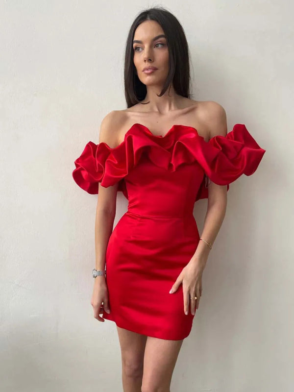 Timeless women's elegant ruffle dress in luxurious satin. Chic fashion for any special event or party.