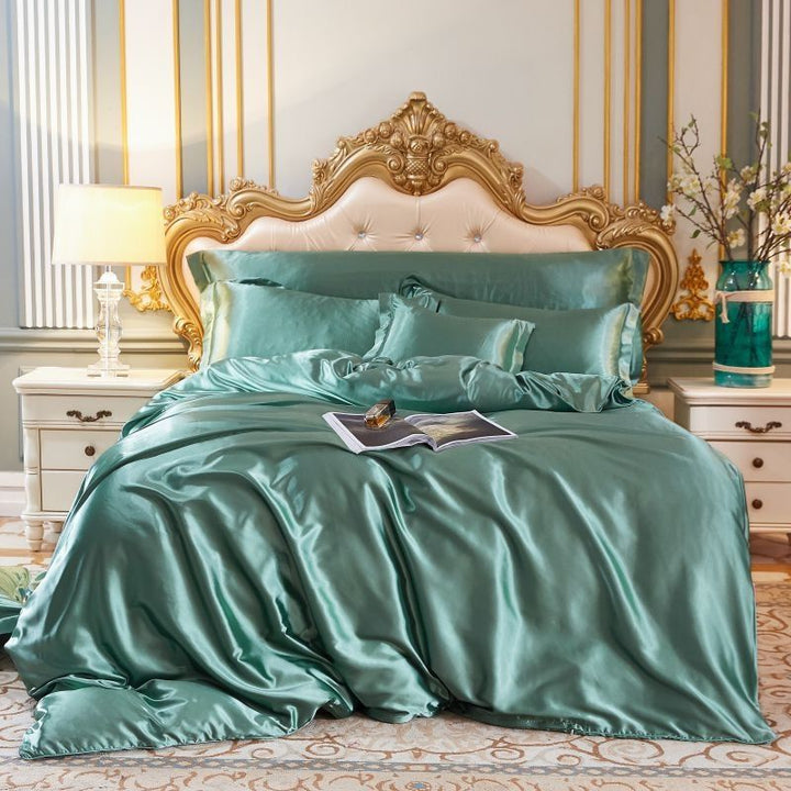 Bedroom scene with a draped silk-satin duvet cover and matching pillowcases for comfort