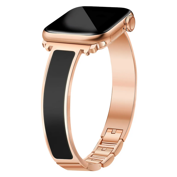 Luxurious unisex Apple Watch band; polished metal & vibrant enamel cuff, elegant tech accessory for any occasion.
