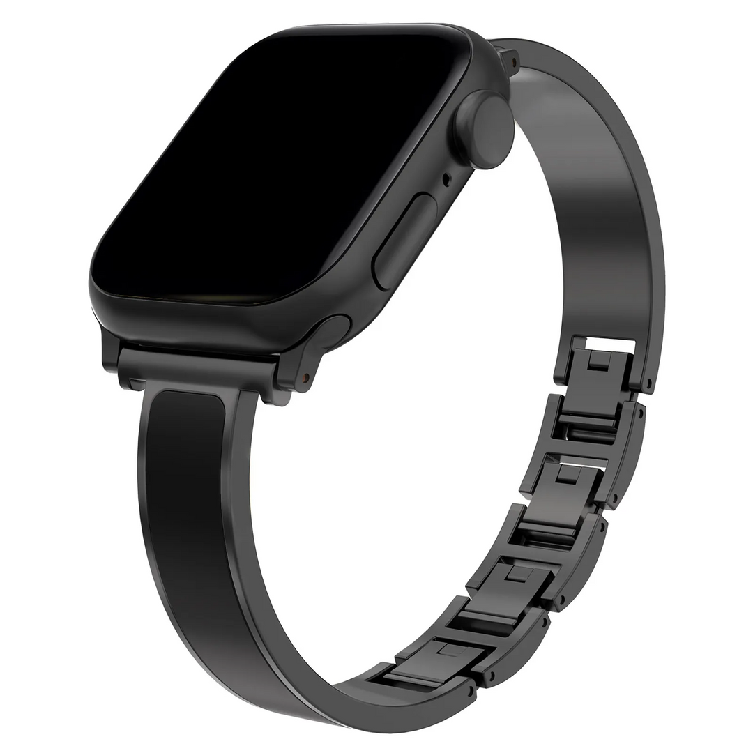 Elegant Apple Watch metal cuff band, made from scratch-resistant stainless steel with a high-shine enamel finish.