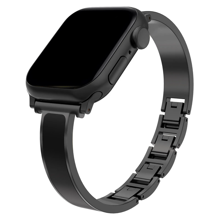 Elegant Apple Watch metal cuff band, made from scratch-resistant stainless steel with a high-shine enamel finish.