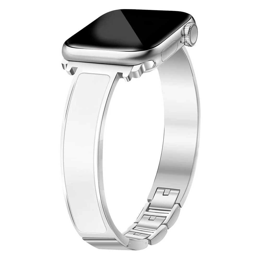 Stainless steel Apple Watch cuff band featuring polished metal and striking enamel, a high-end unisex accessory.