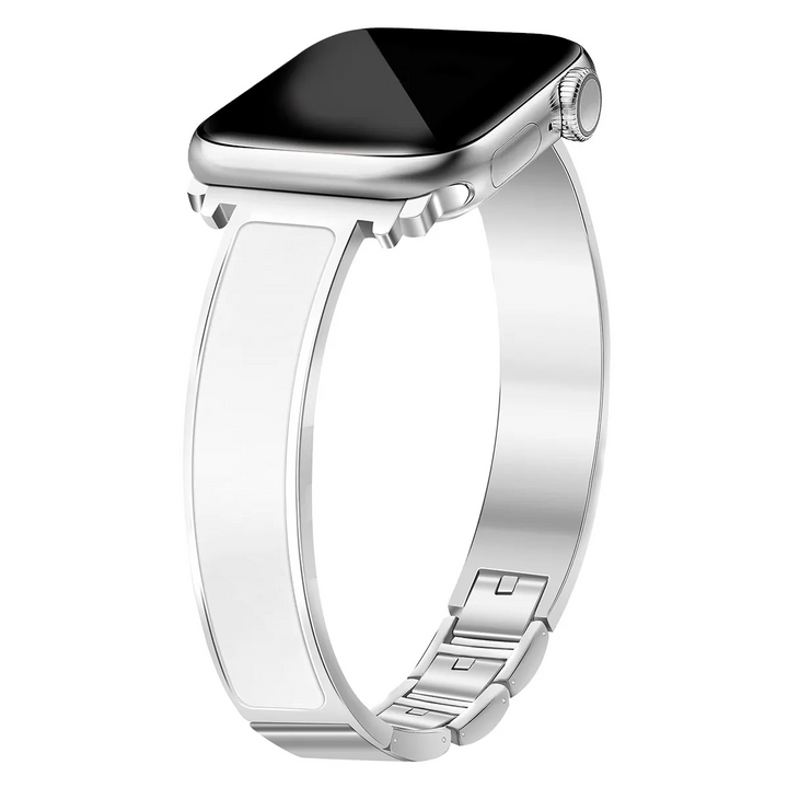 Stainless steel Apple Watch cuff band featuring polished metal and striking enamel, a high-end unisex accessory.