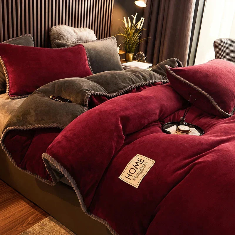 Close-up of a soft velvet fleece comforter texture, showcasing plushness and warmth for luxury bedding.