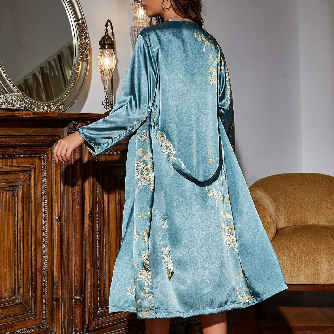 Comfortable women's satin slip dress & matching kimono robe set with adjustable straps for loungewear.