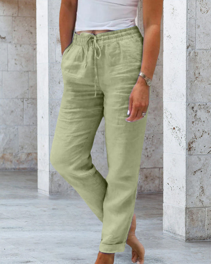 Women's premium cotton linen straight leg trousers. Mid-rise, comfortable pants for versatile casual fashion.