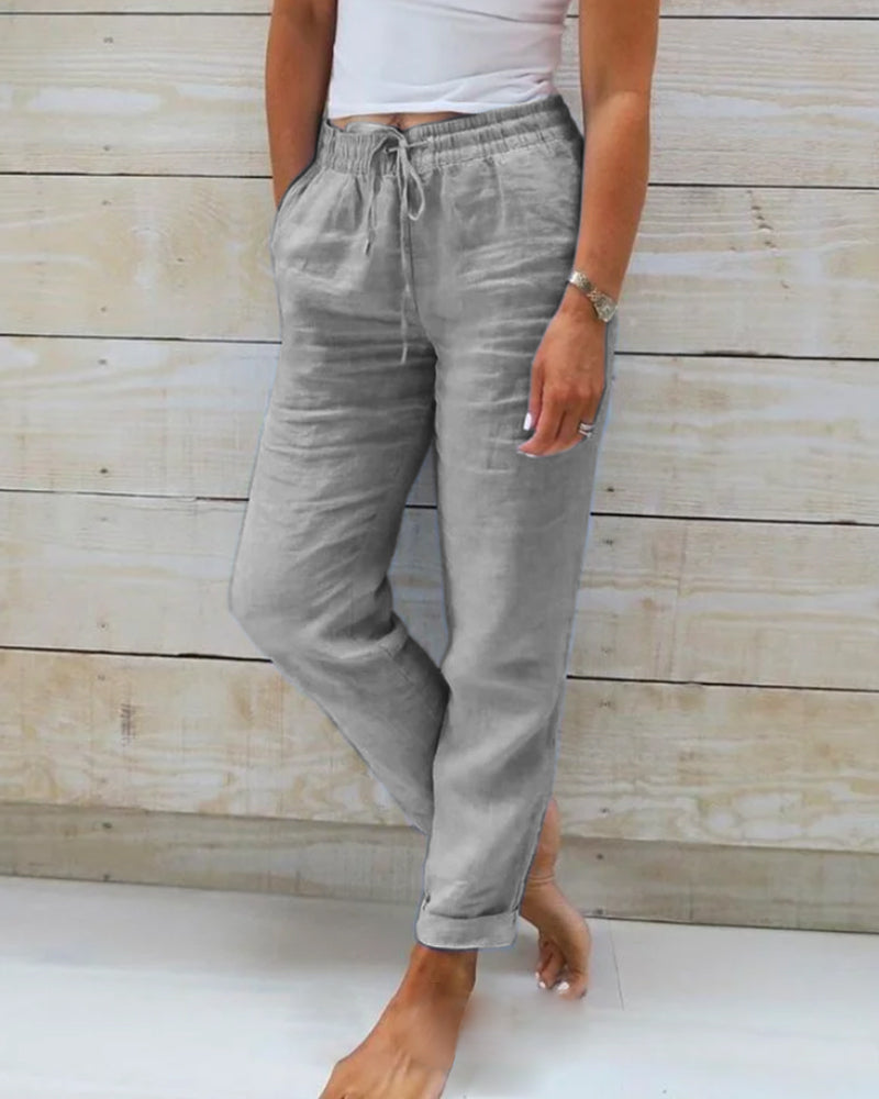 Luxe women's cotton linen trousers. Comfortable, breathable straight leg pants for versatile all-season fashion.