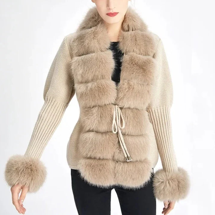 Elegant women's faux fur cardigan, a stylish statement piece with soft long sleeves for luxurious winter comfort.
