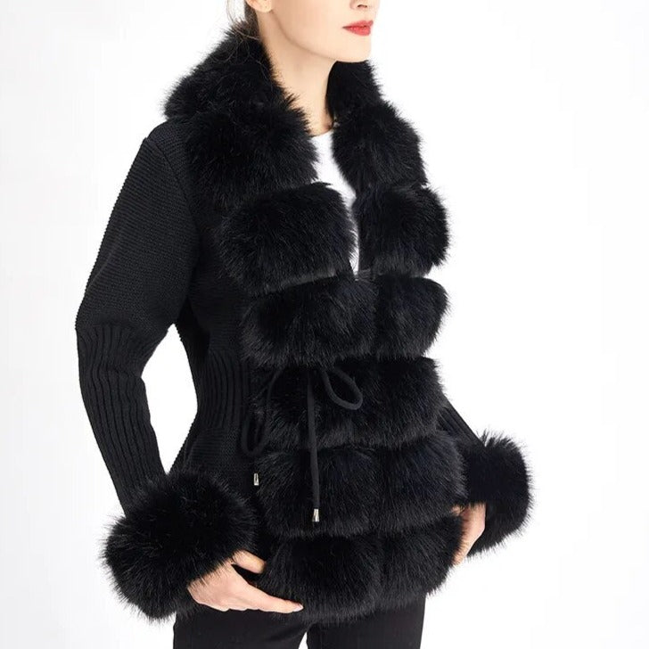 Stylish women's faux fur cardigan, a comfortable and warm layering piece for modern fall and winter fashion.