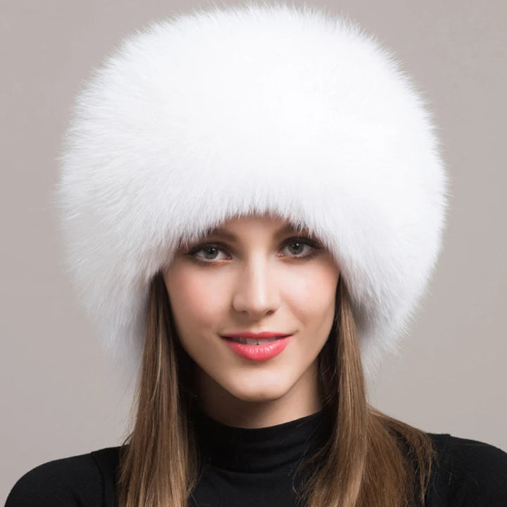 Comfortable women's winter hat crafted from genuine fox fur, a cozy luxury accessory for cold weather.