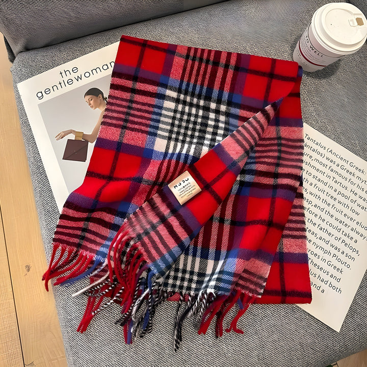 Women's warm plaid cashmere winter scarf, perfect for layering & adding luxury to outfits.