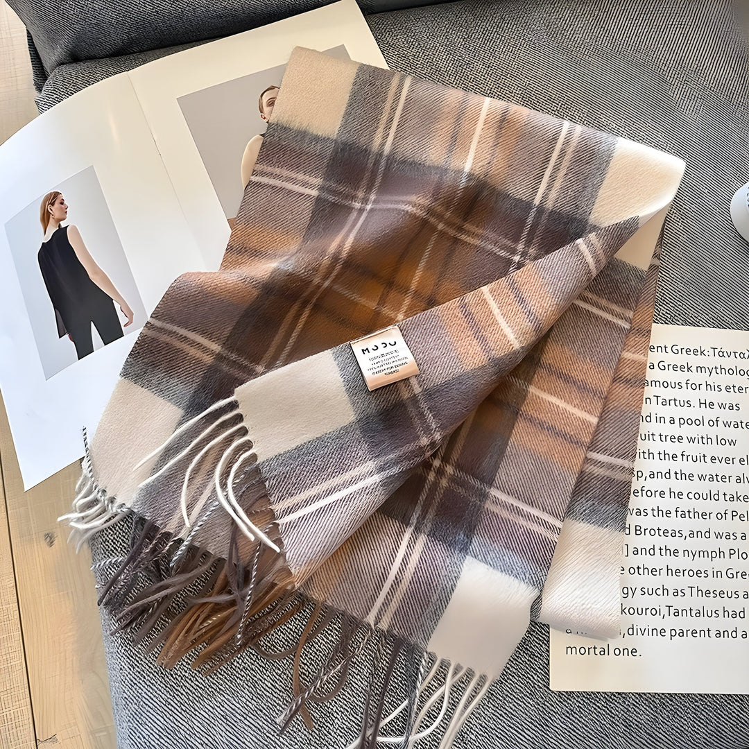 Chic women's plaid cashmere scarf, delivering exceptional warmth & sophisticated winter style.