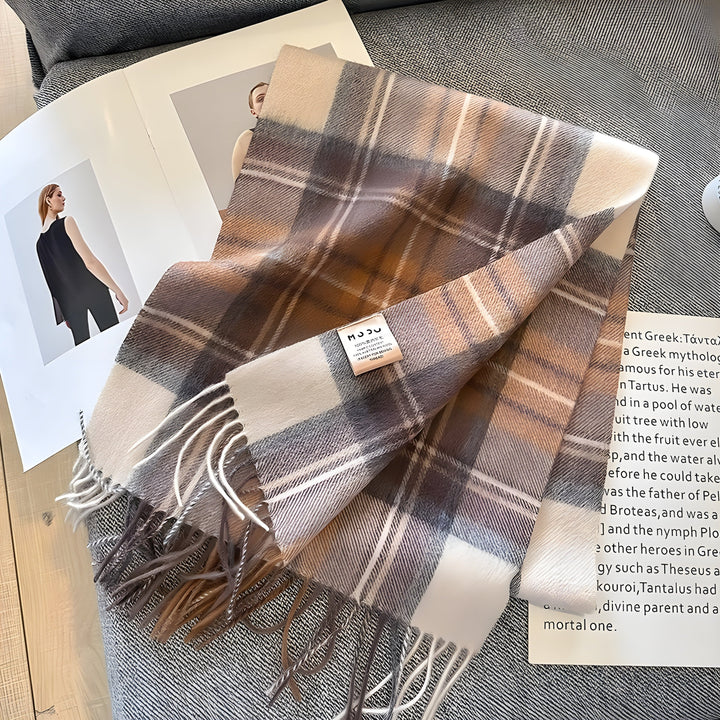 Chic women's plaid cashmere scarf, delivering exceptional warmth & sophisticated winter style.