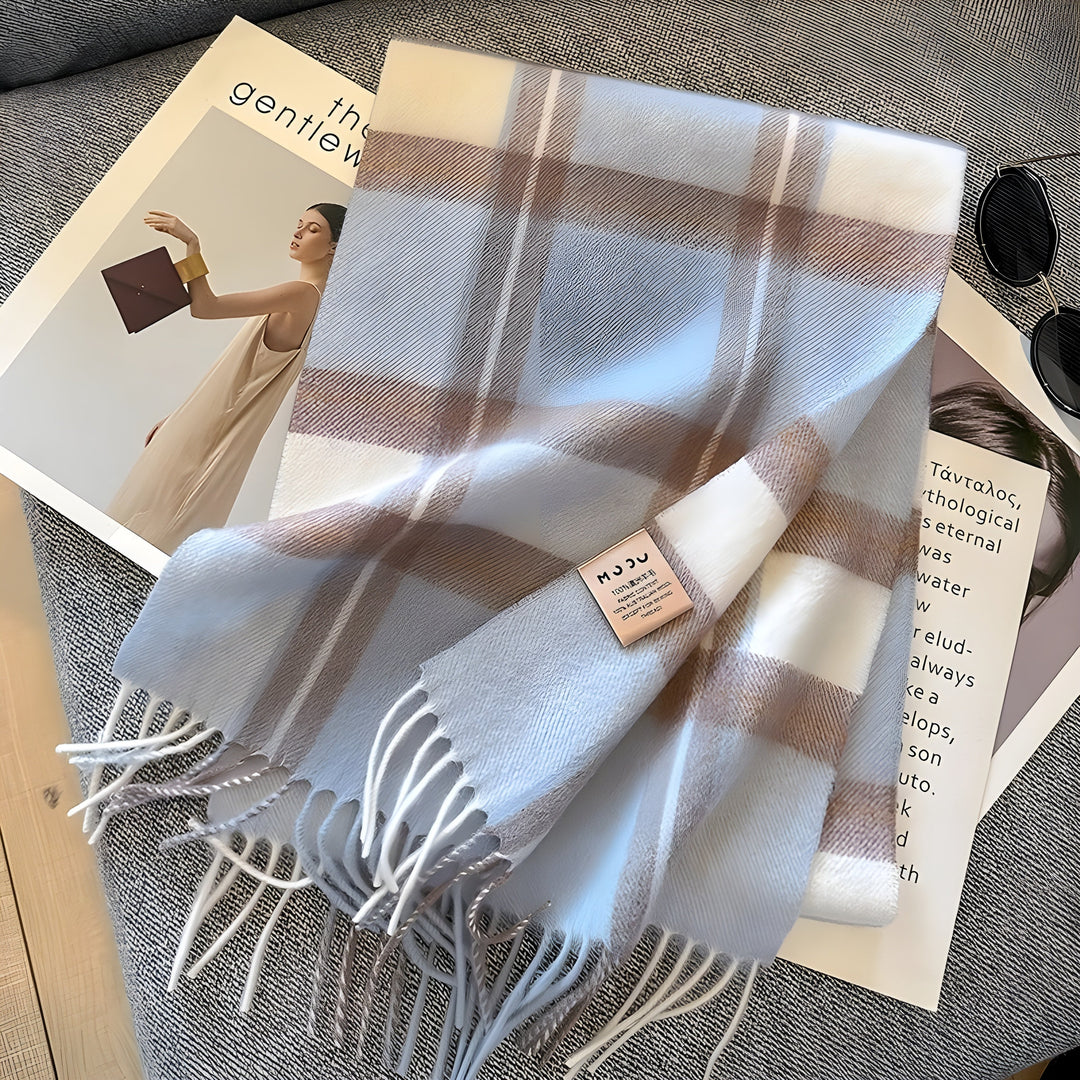 Classic women's winter scarf in plaid cashmere, offering unparalleled warmth & fashion.