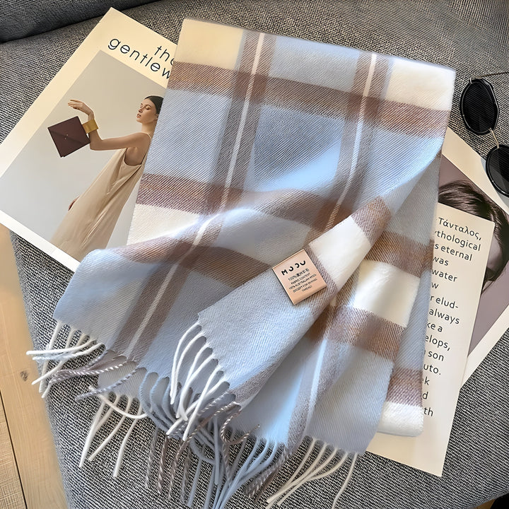Classic women's winter scarf in plaid cashmere, offering unparalleled warmth & fashion.